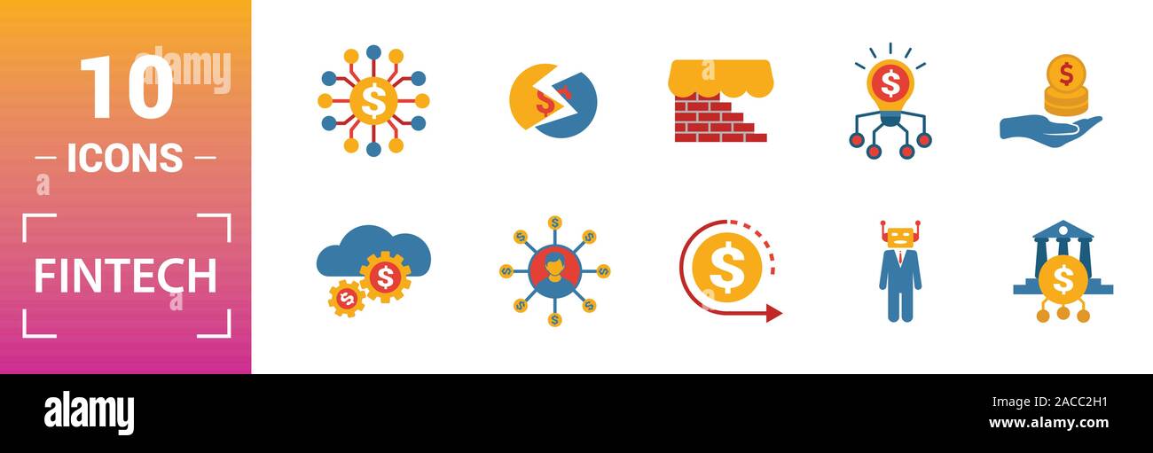 Fintech icon set. Include creative elements online banking, direct ...
