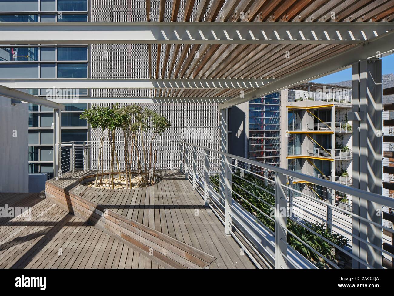 Timber slat canopy over communal rooftop terrace. Silo District Cape