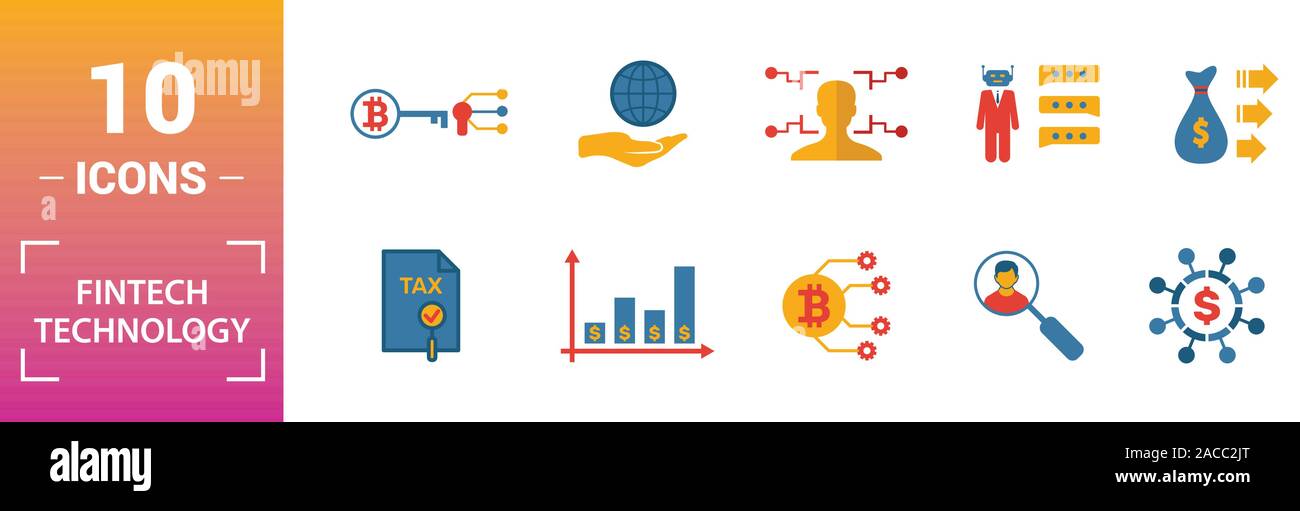 Fintech Technology icon set. Include creative elements basic income, bitcoin technology, online loan, kyc, business model icons. Can be used for Stock Vector
