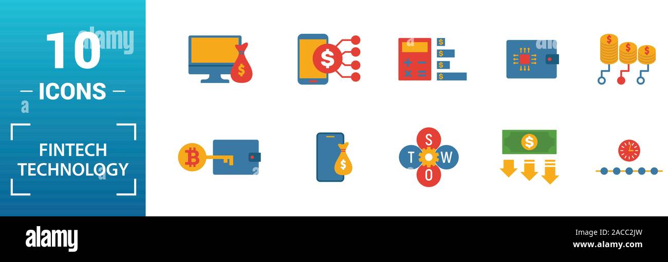 Fintech Technology icon set. Include creative elements basic income, bitcoin technology, online loan, kyc, business model icons. Can be used for Stock Vector