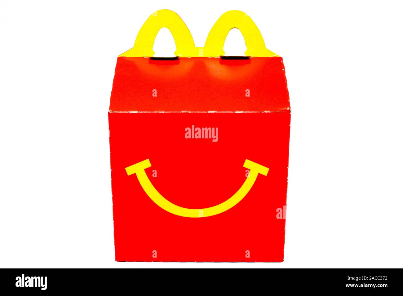 McDonald's Happy Meal cardboard box. McDonald's is a fast food restaurant chain Stock Photo