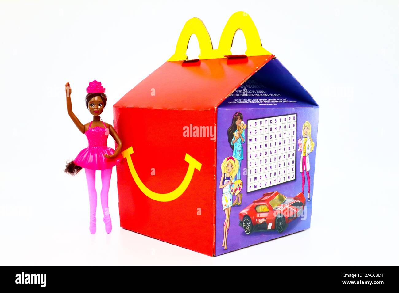 McDonald's Happy Meal cardboard box with Mattel Barbie doll. McDonald's is  a fast food restaurant chain Stock Photo - Alamy