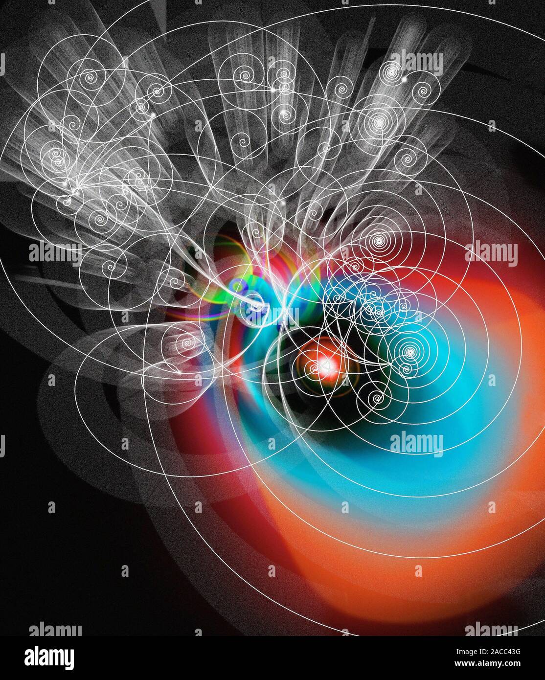Particle tracks. Computer illustration of subatomic particle tracks (white). The tracks result from charged particles moving through a bubble chamber Stock Photo