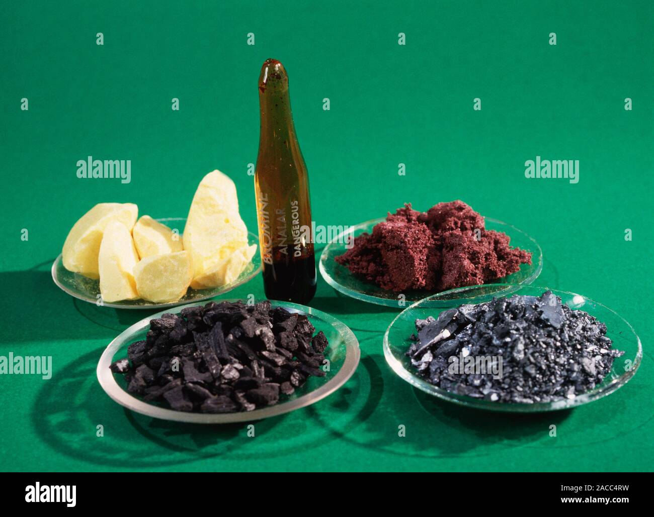 Nonmetallic elements. Clockwise from top left, they are sulphur (S