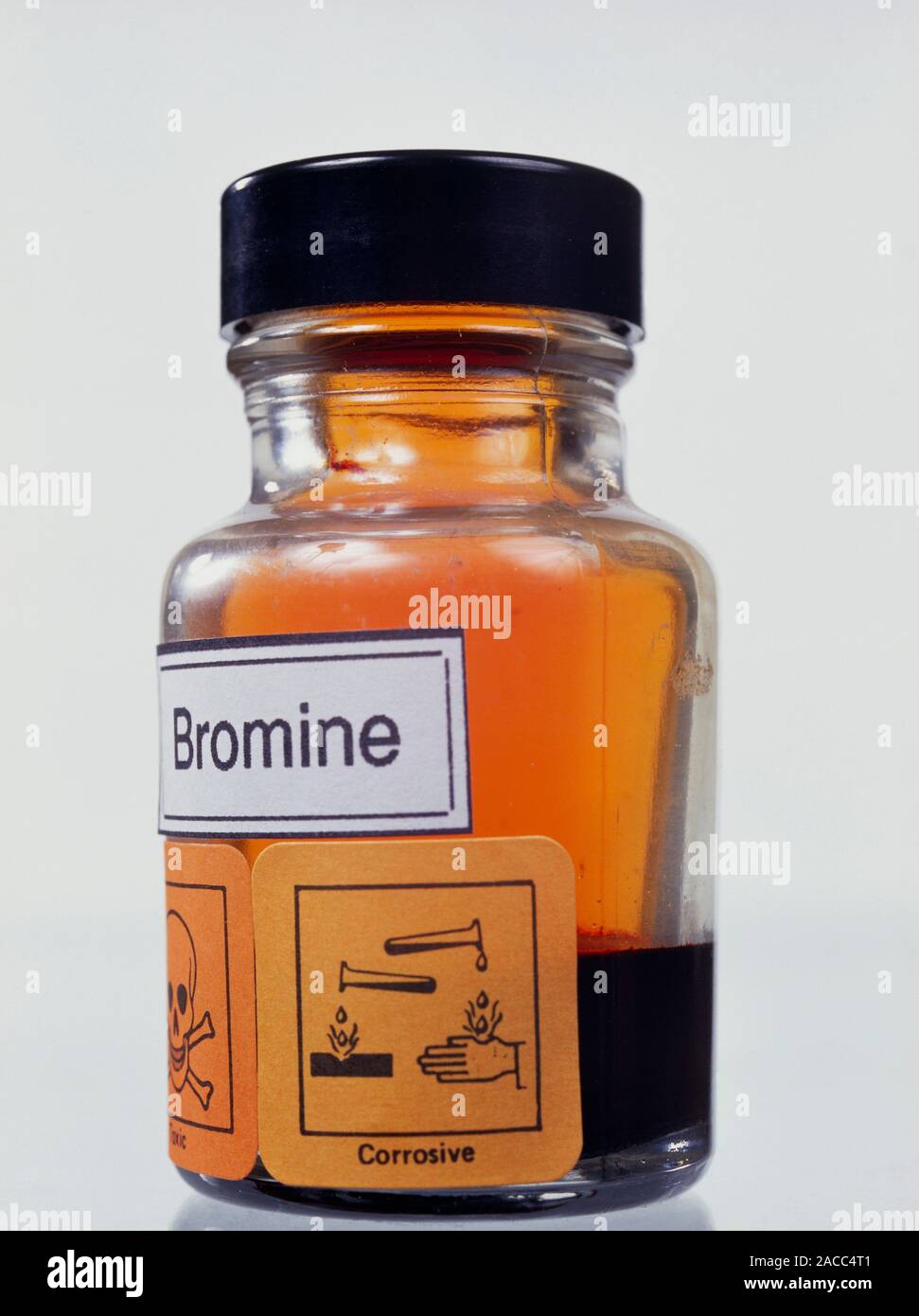 Bromine liquid stored in a jar with corrosion and toxicity hazard signs