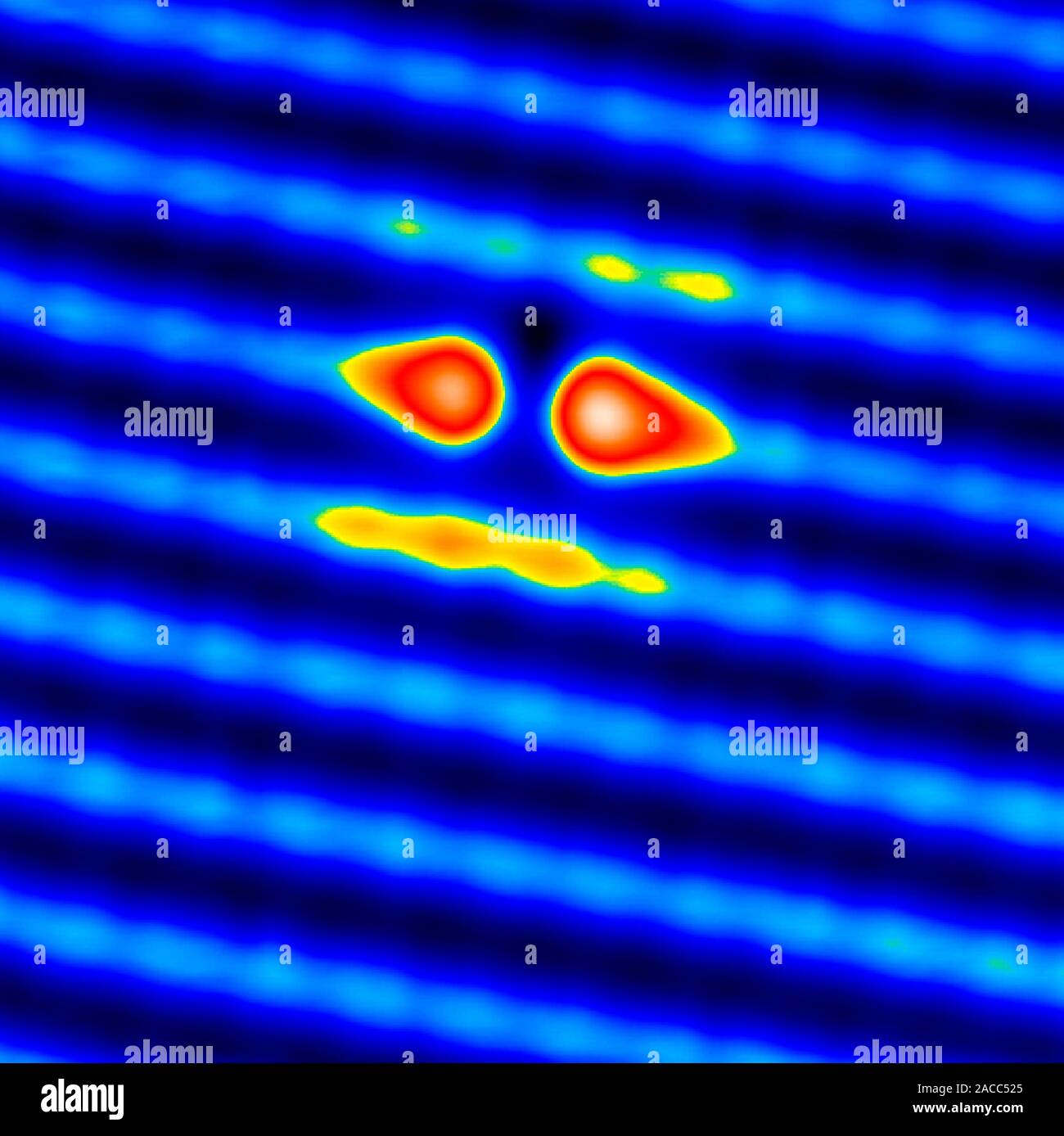 Spintronics research. Coloured scanning tunnelling micrograph (STM ...