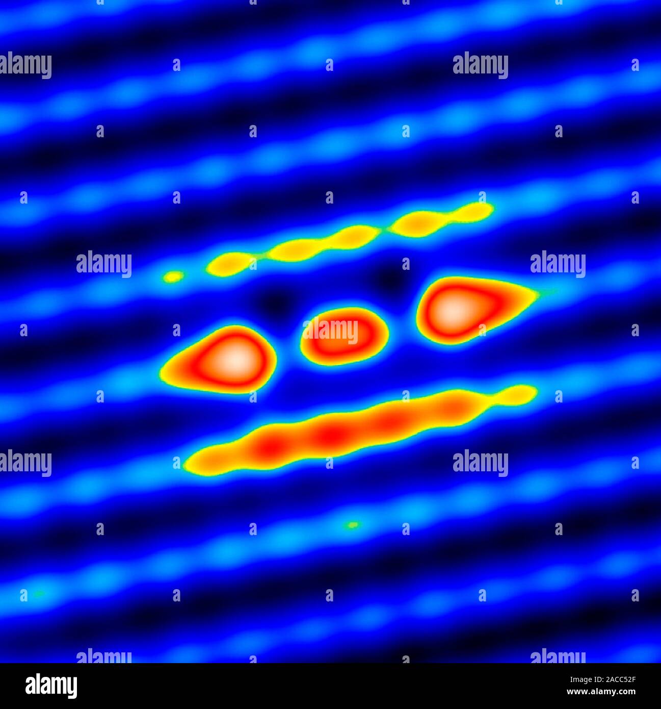 Spintronics research. Coloured scanning tunnelling micrograph (STM ...