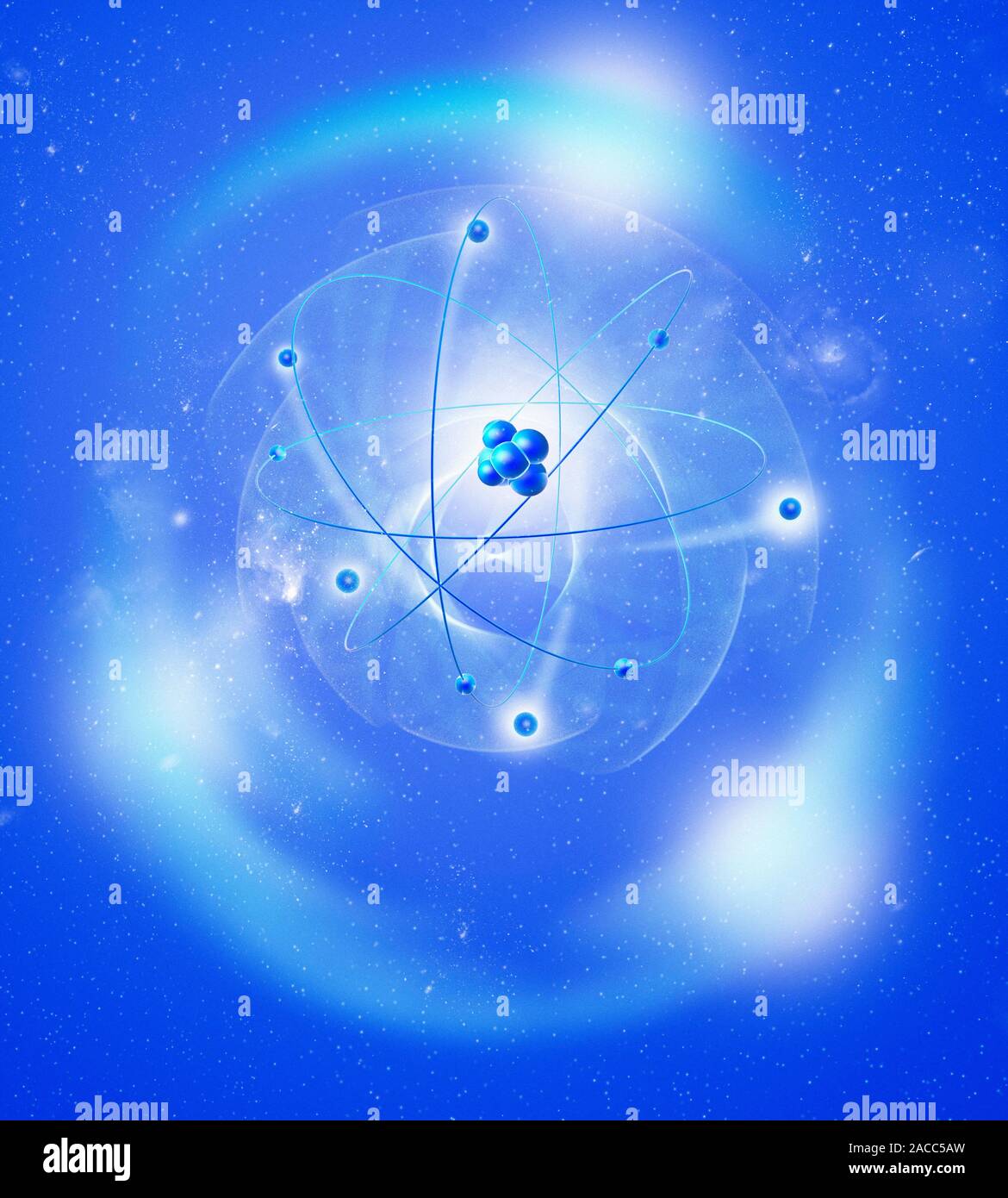 Atomic structure. Conceptual computer artwork of nine electrons ...
