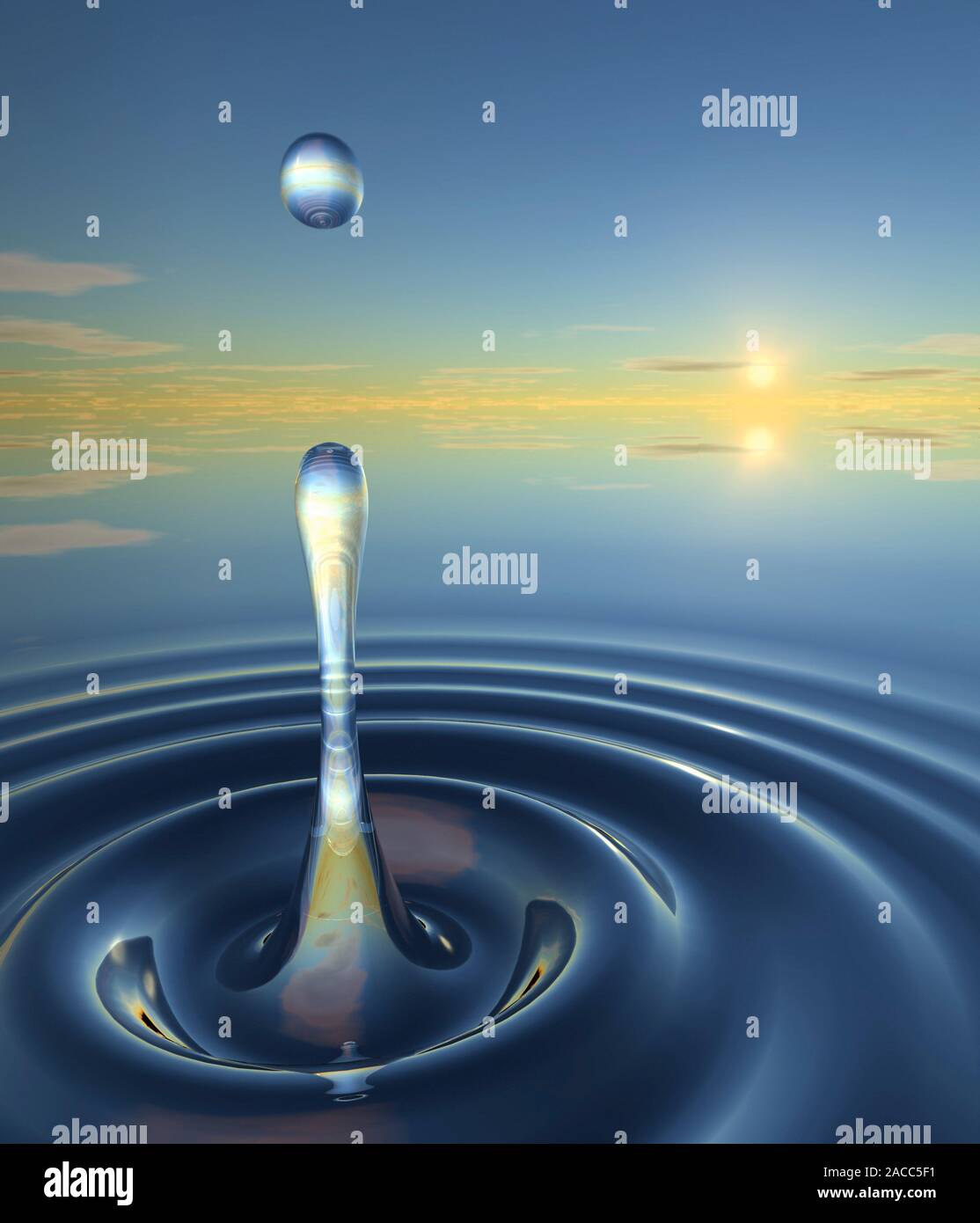 Water drop impact at dawn. Computer artwork of secondary drop formation