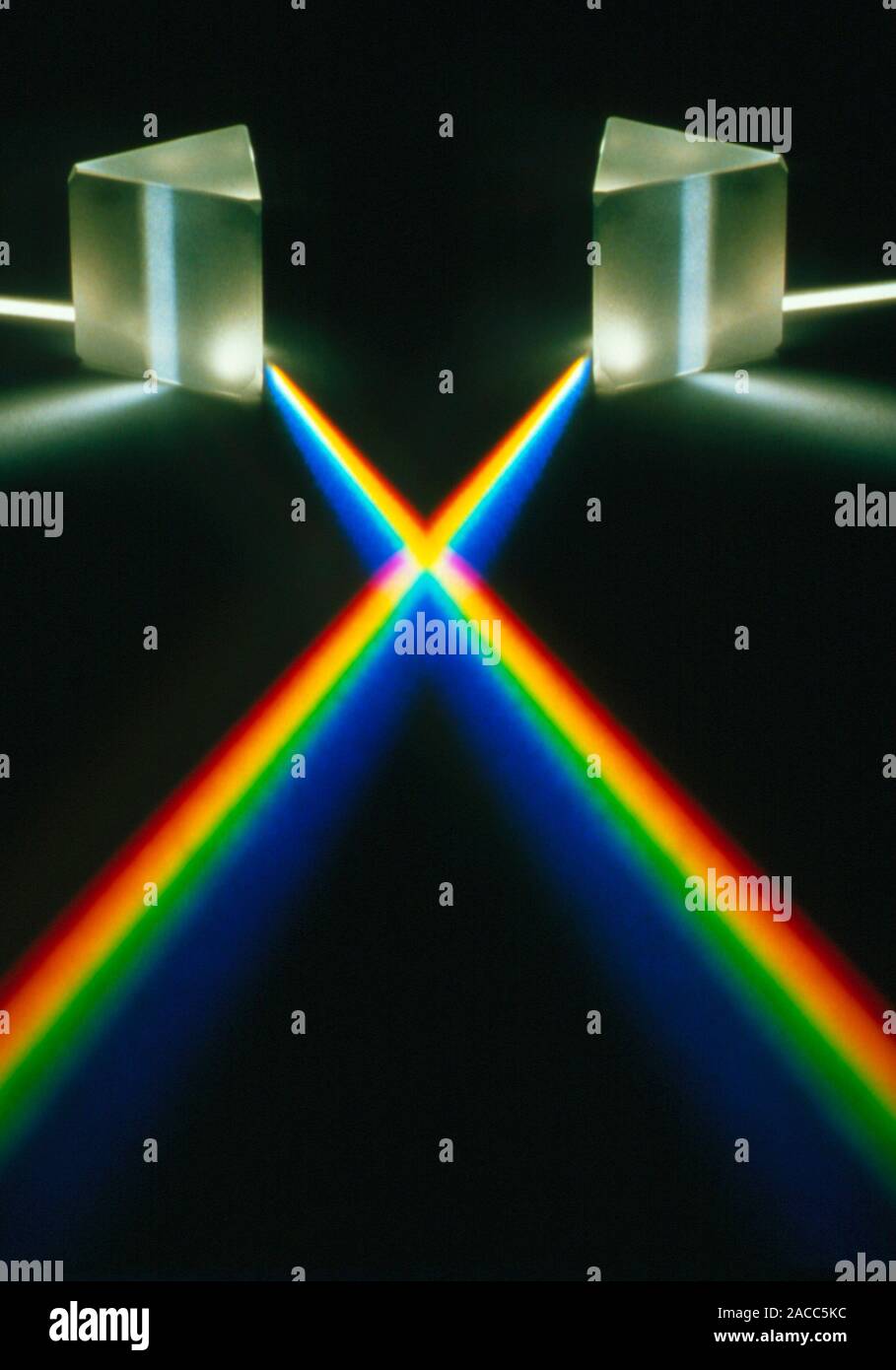 Multiple exposure of white light through a triangular prism. Stock Photo