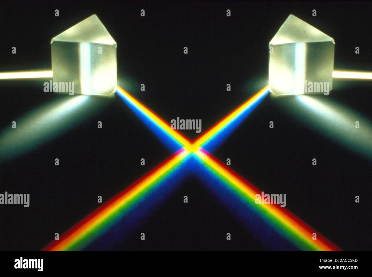 Multiple exposure of white light through a triangular prism. White light passing through a triangular prism is split into its constituent wavelenghts, Stock Photo