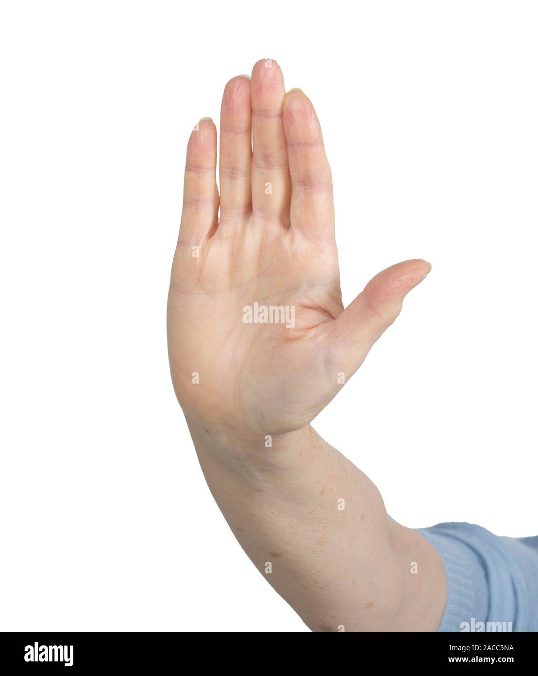 Stop! A woman's hand gesture to illustrate the words stop, wait, no, halt,  put an end to, terminate, leave, me too, say no or no Brexit Stock Photo -  Alamy