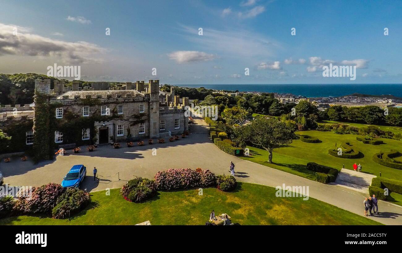 Aerial view of Tregenna Castle Resort and Carbis Bay Beach, Seaside ...