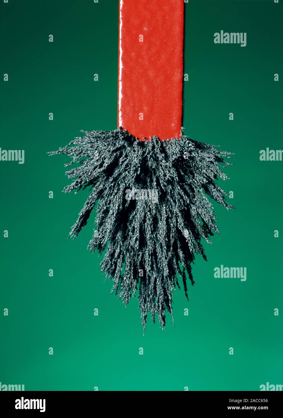 Iron filings being attracted to a bar The