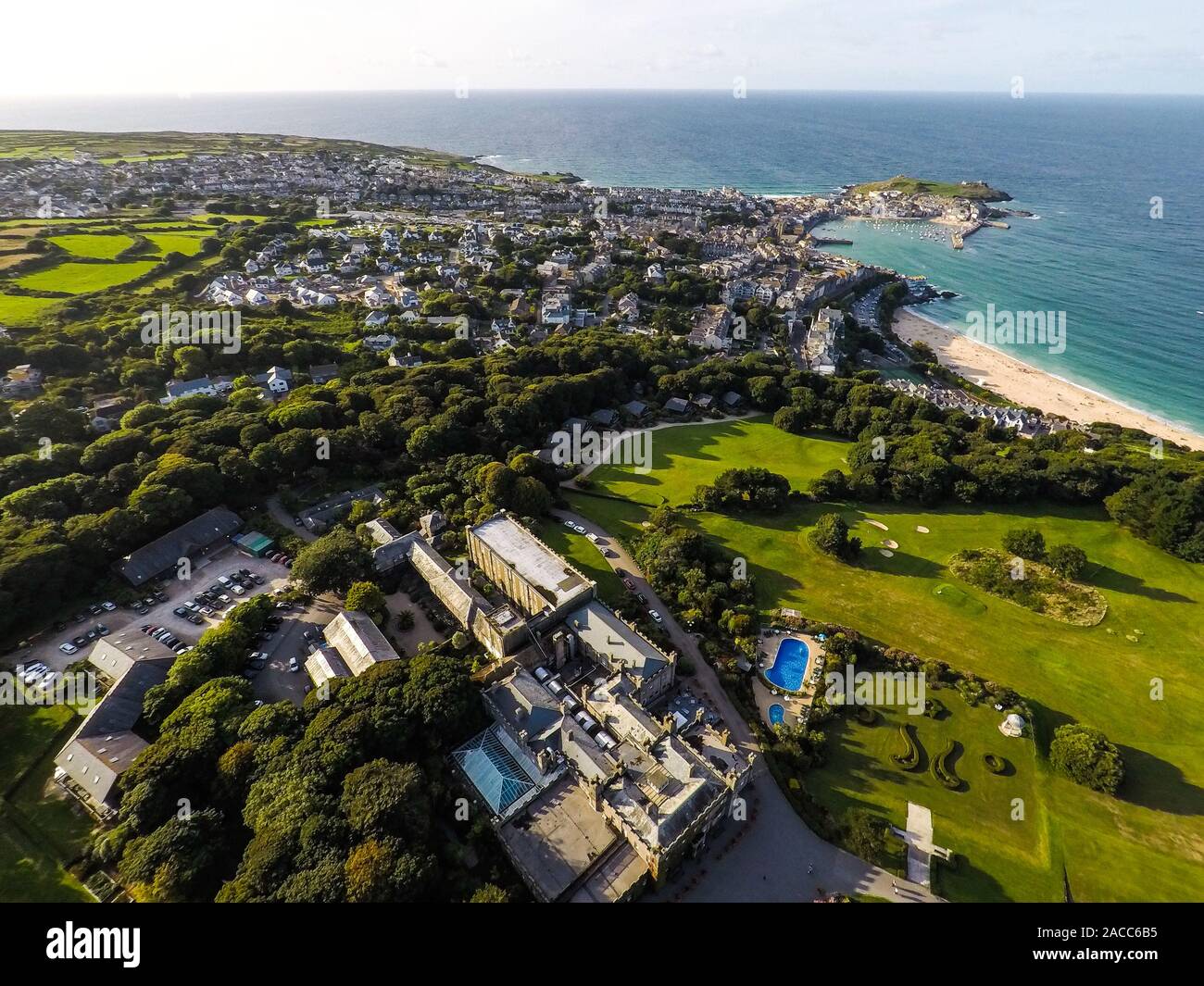 Aerial view of Tregenna Castle Resort and Carbis Bay Beach, Seaside ...