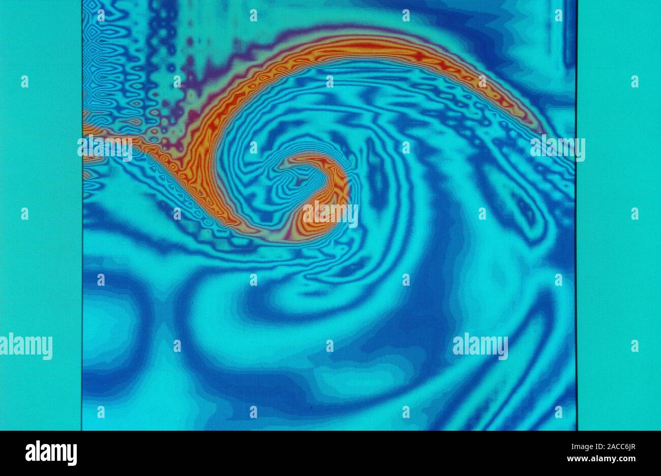 Computer simulation of a vortex. Vorticity in a fluid such as a liquid ...