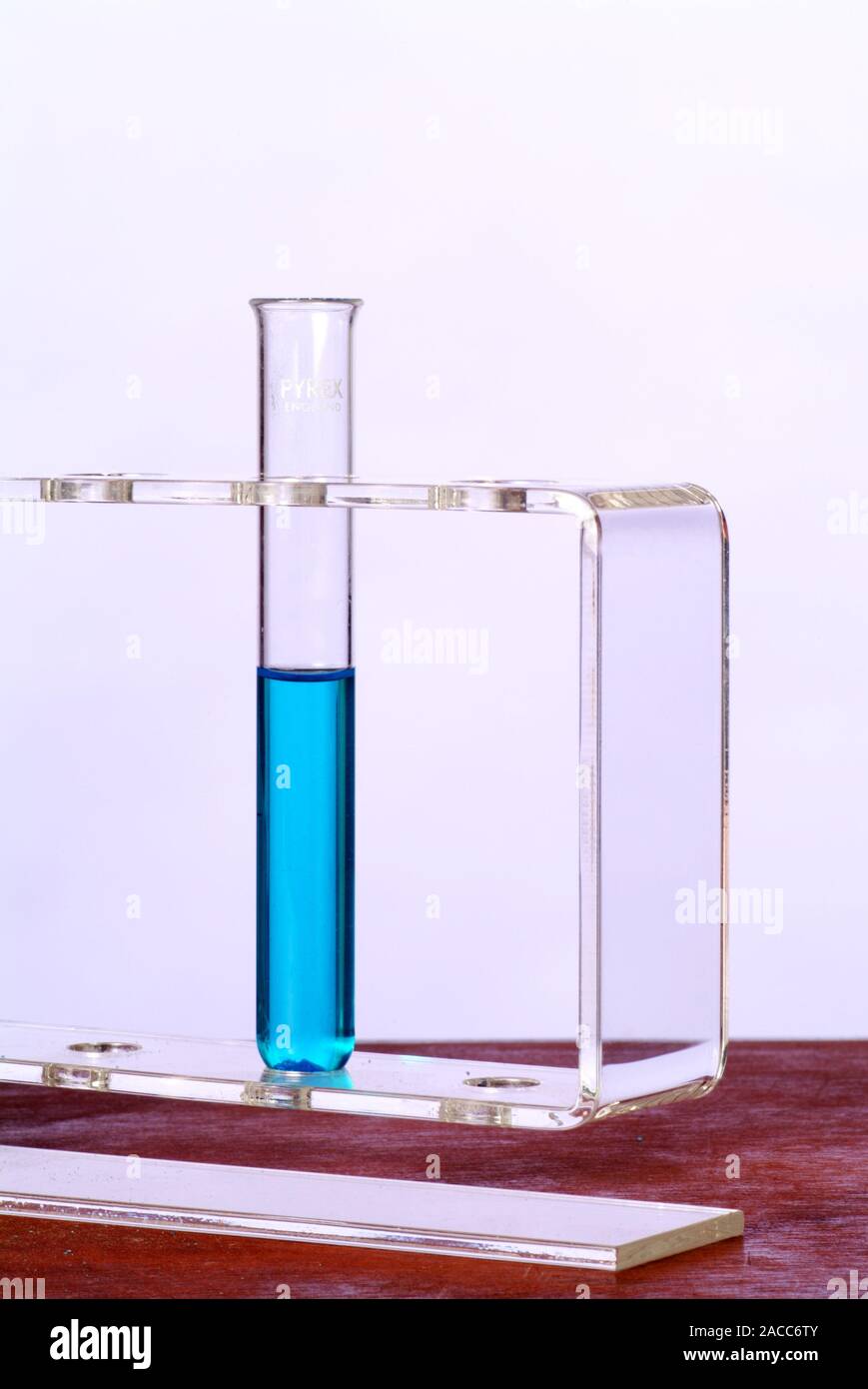 Copper sulphate solution. Solution of copper (II) sulphate (CuSO4, blue) in a test tube of water