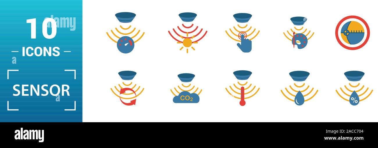 Sensor icon set. Include creative elements water quality sensor, smoke detector, gas, rain sensor, humidity sensor icons. Can be used for report Stock Vector