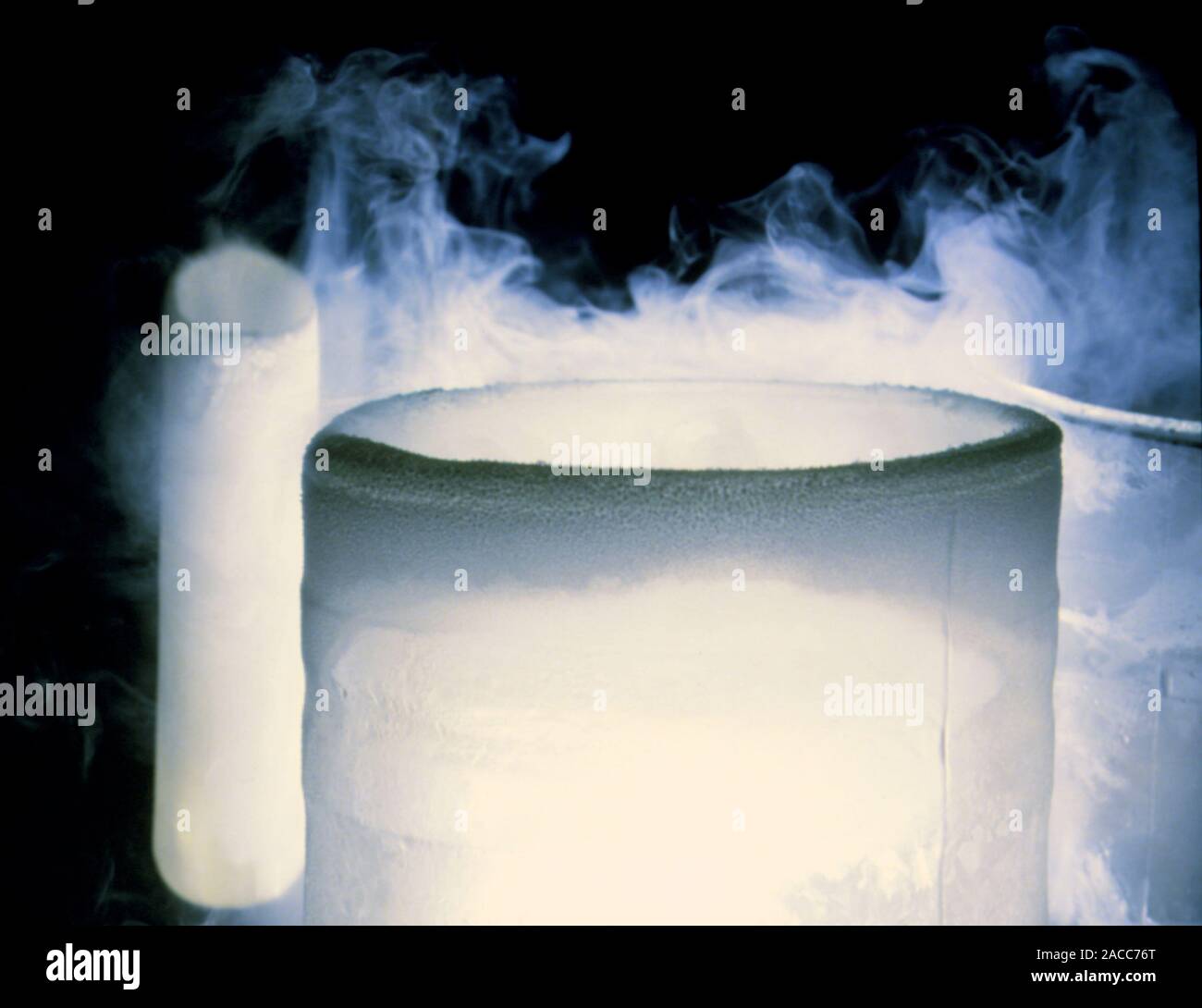 Liquid nitrogen contained in a clearwalled dewar vessel (a type of