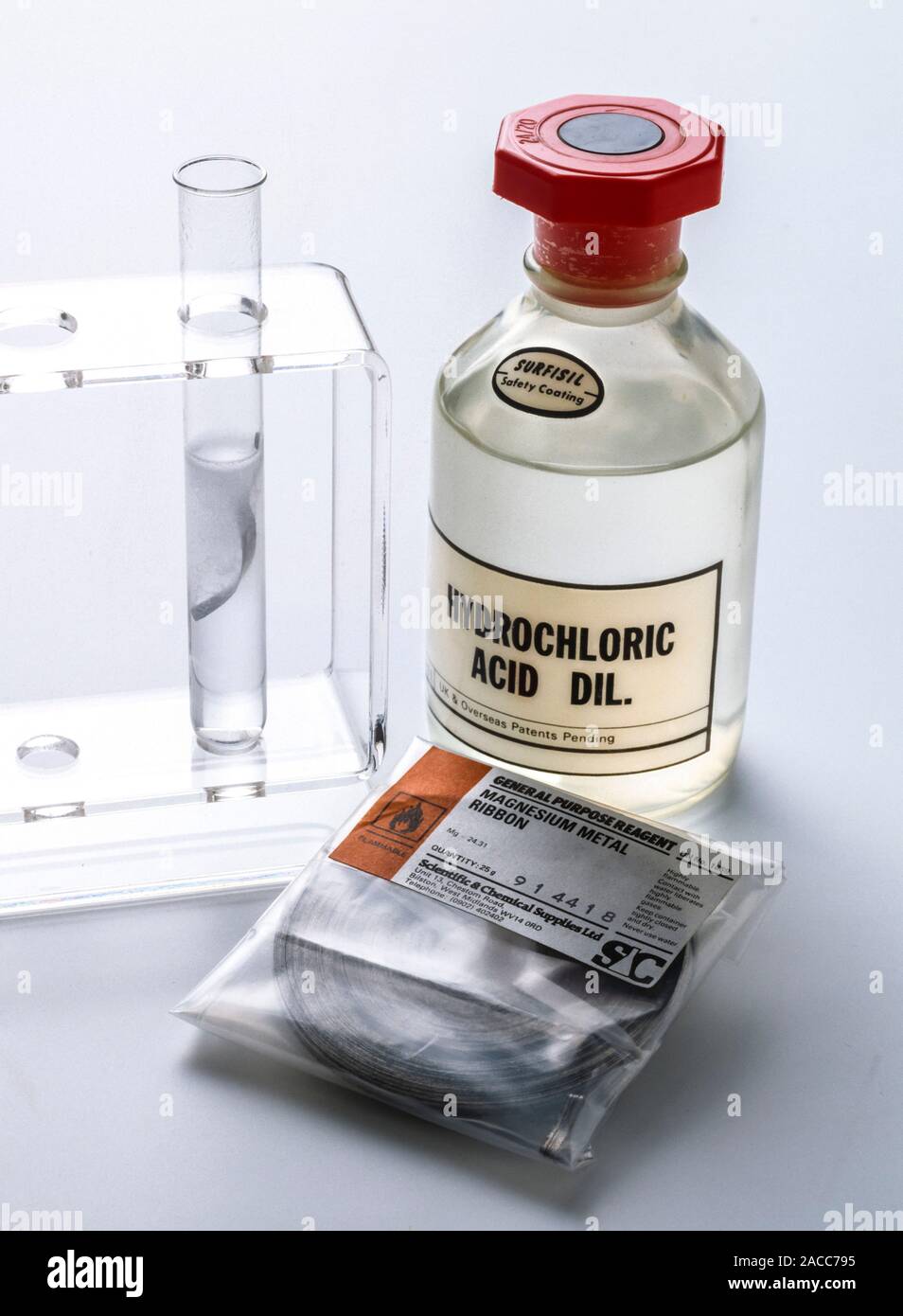 Magnesium reacting with acid. A ribbon of magnesium (Mg) reacts with