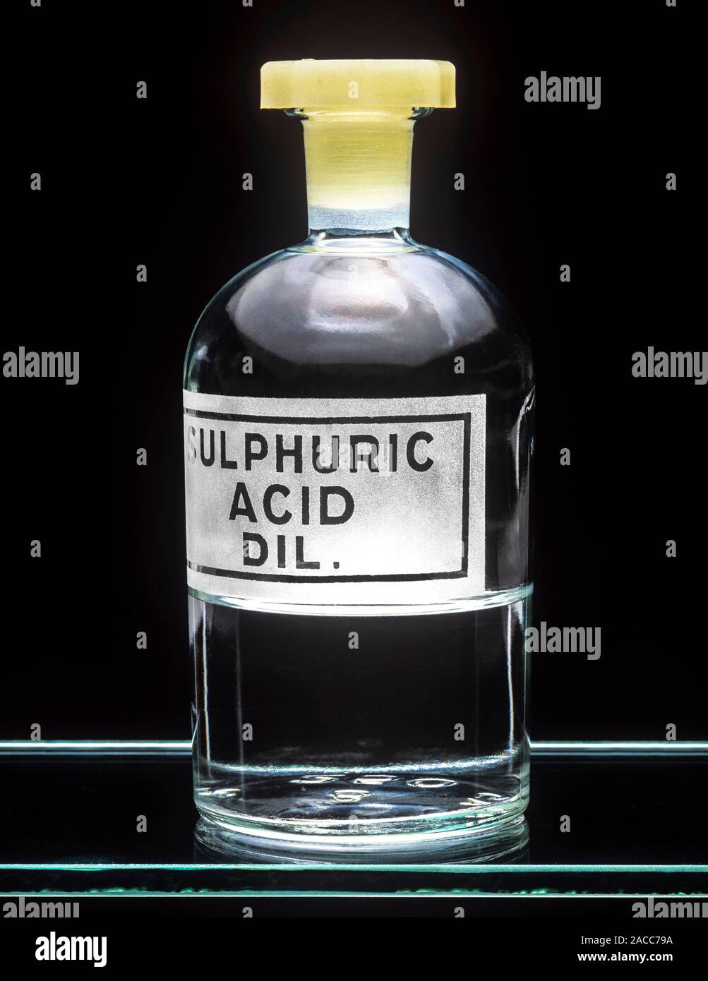 Sulphuric acid (H2SO4) in a stoppered glass bottle. This strong acid is