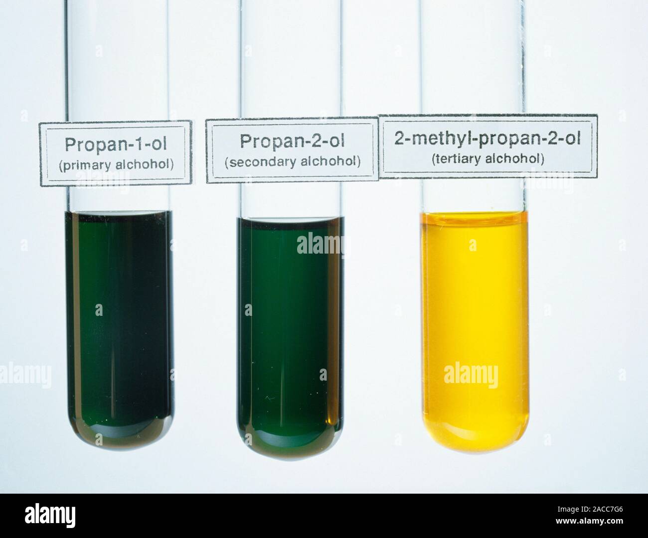 Oxidation of alcohols. Image 2 of 2. Completed oxidation reactions of three alcohols (labelled
