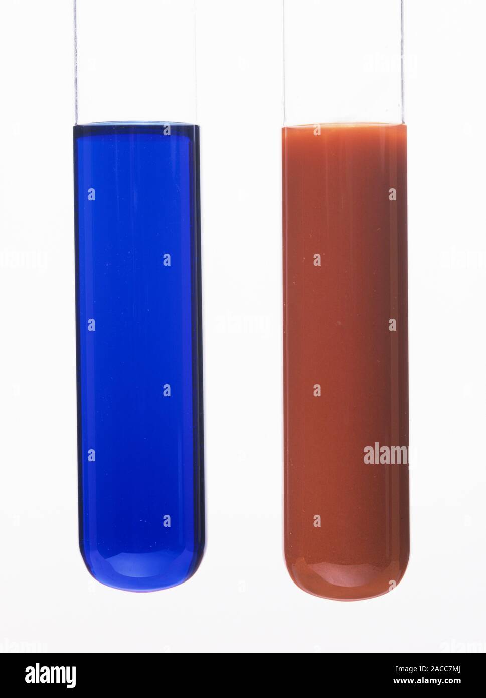 Fehling's reaction. Fehling's reagent (blue, left) is used to test for