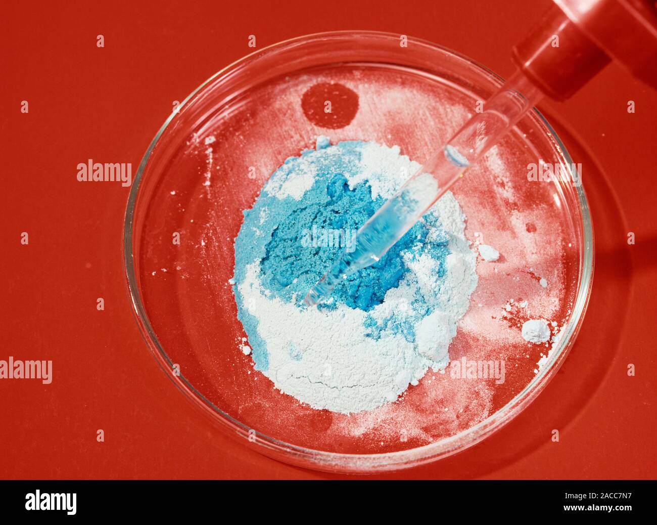 Copper (II) sulphate crystals being hydrated. Anhydrous copper (II) sulphate is white, while