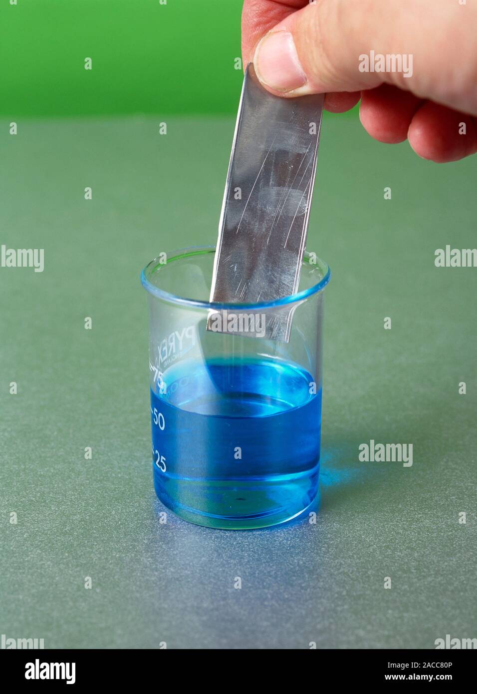 Displacement reaction. Zinc (Zn) sheet being dipped into a copper (II