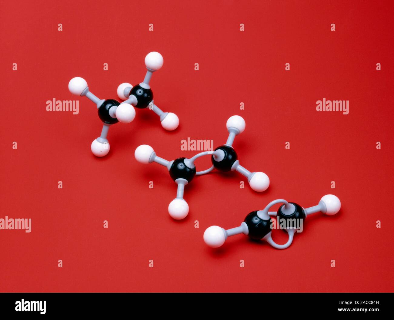 Ethane, ethene and ethyne molecules. Molecular models of ethane (C2H6 ...