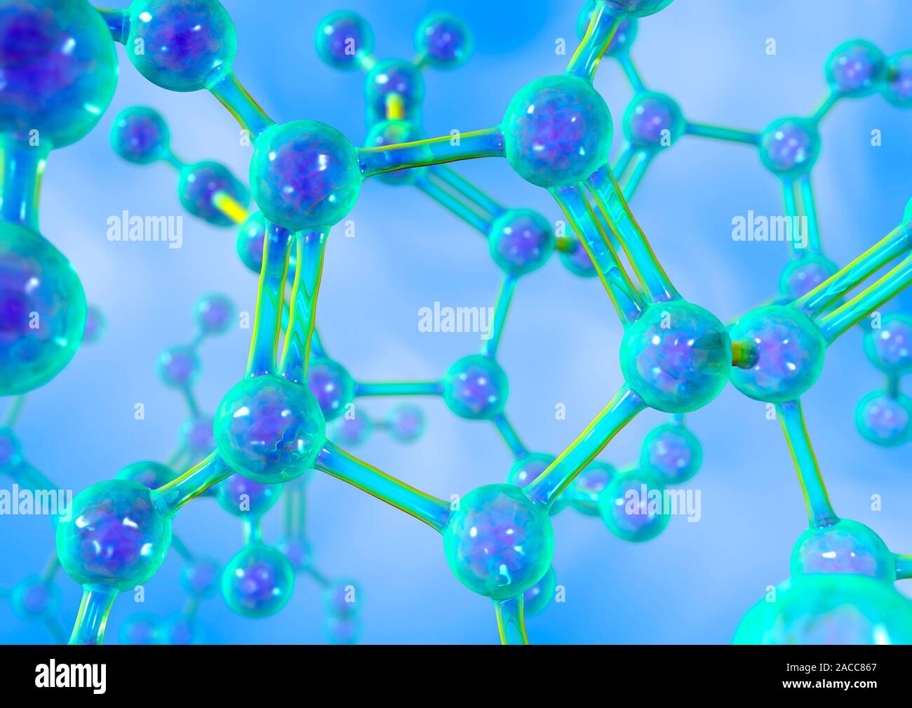 Molecular model. Computer artwork of atoms (spheres) joined by bonds (rods) to make up a model