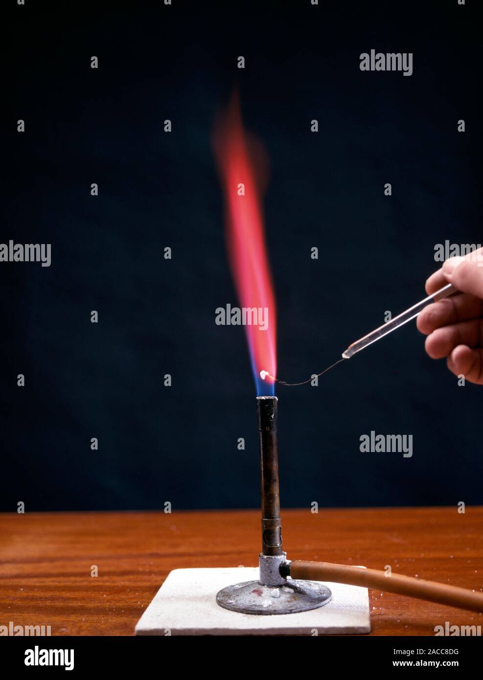 Flame test. Lithium burning in the flame of a bunsen burner producing a