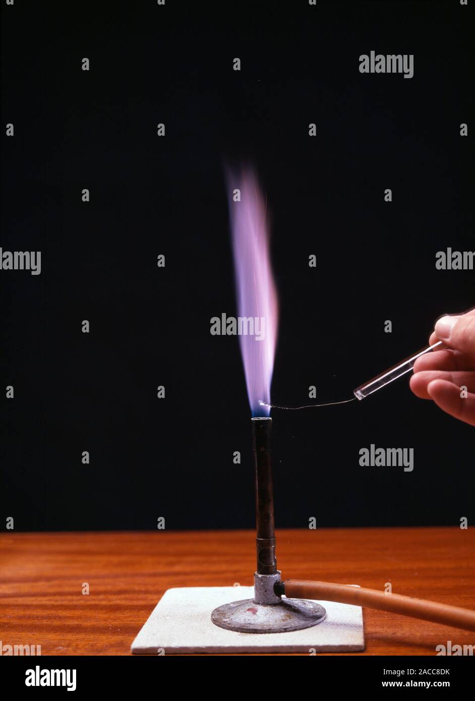 Flame test. Potassium burning in the flame of a bunsen burner producing a  lilac flame. The colour of the flame is caused by electrons that have been  e Stock Photo - Alamy