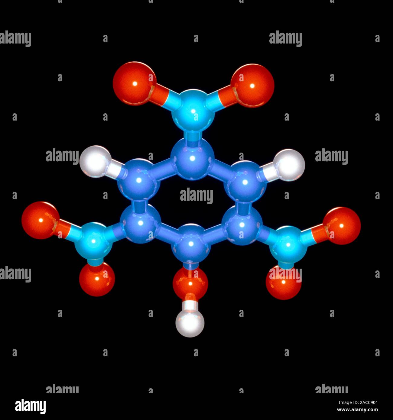 Picric acid. Computer model of a molecule of picric acid (formula ...