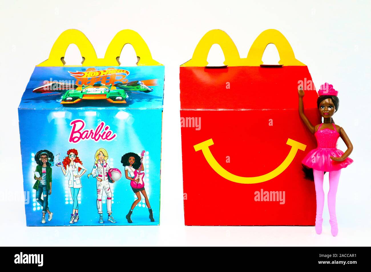 McDonald's Happy Meal cardboard box with Mattel Barbie doll. McDonald's is  a fast food restaurant chain Stock Photo - Alamy