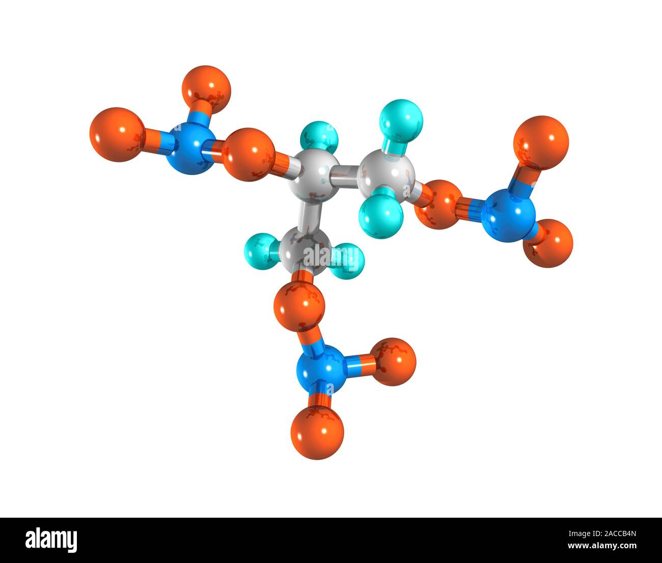 Nitroglycerin. Computer model of a molecule of the drug nitroglycerine