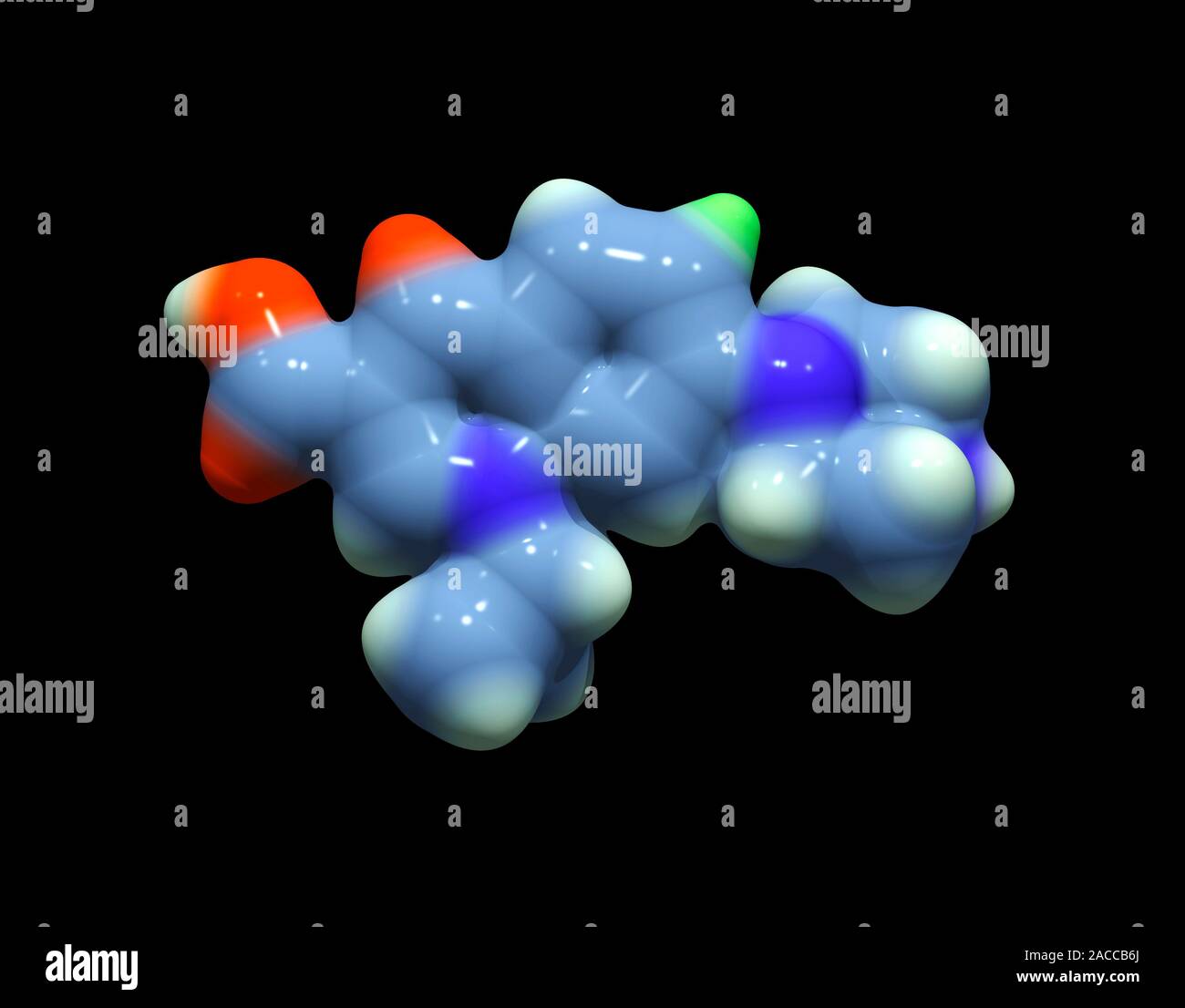 Ciprofloxacin antibiotic molecule. Computer model of a molecule of Ciprofloxacin antibiotic molecule. Computer model of a molecule of