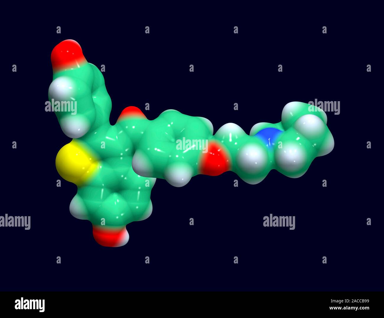 Raloxifene osteoporosis drug, molecular model. This drug, marketed as