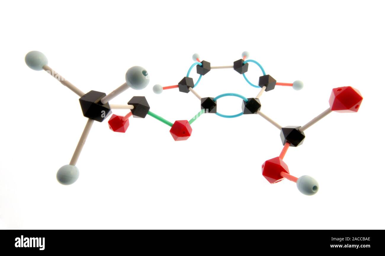 Aspirin. Molecular model of the painkilling (analgesic) drug aspirin