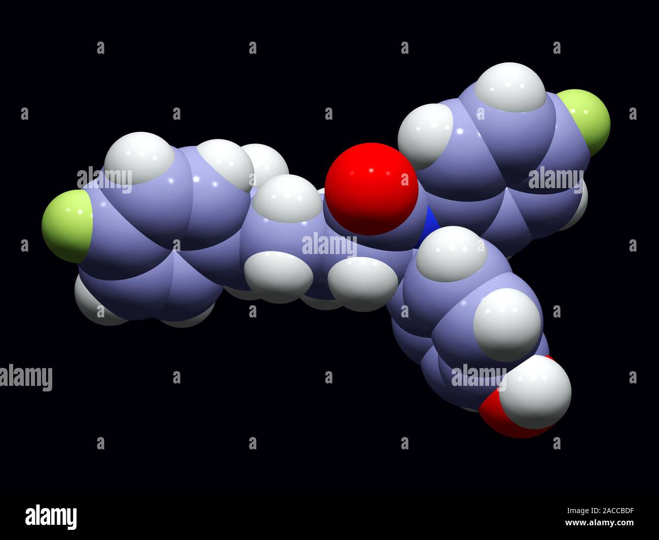 Ezetimibe drug molecule. Computer model of ezetimibe, a cholesterol