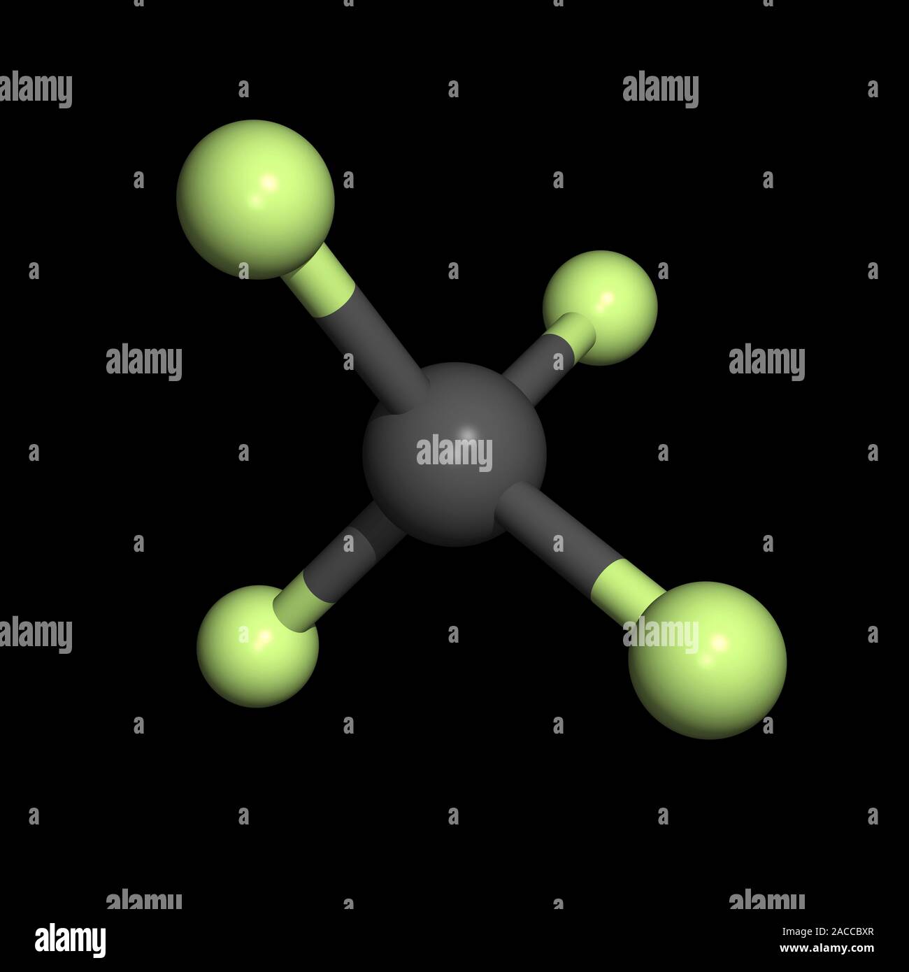 Tetrafluoromethane molecule, computer model. This molecule is a inert ...