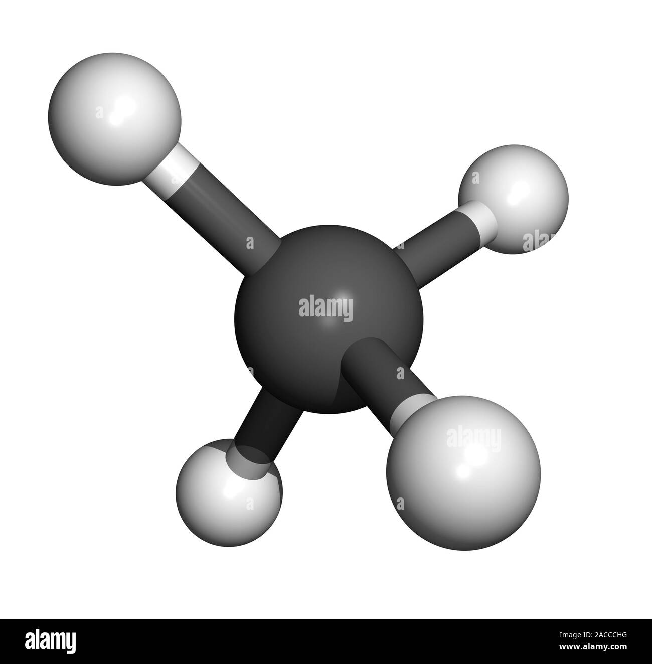 Methane molecule. Computer model of a methane molecule (CH4). Atoms are ...