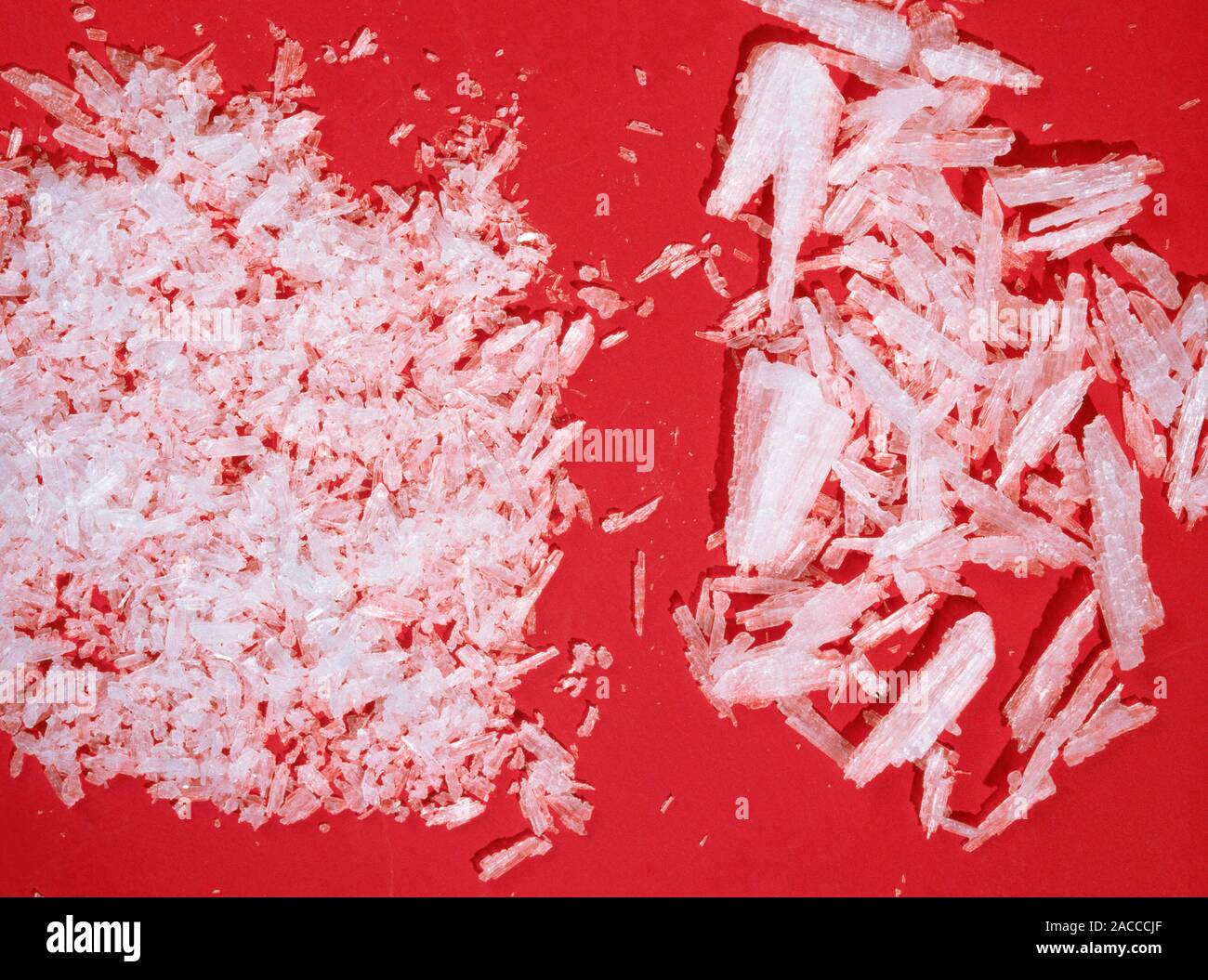 Potassium nitrate (KNO3) crystals. Large crystals (right) are prepared