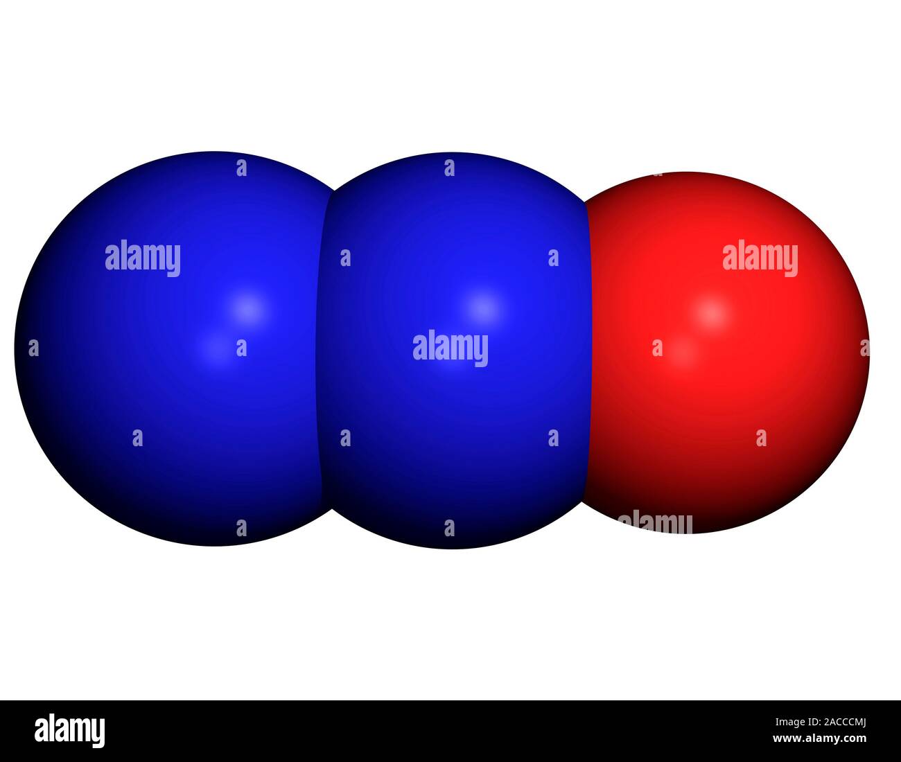 Nitrous oxide. Computer model of a molecule of nitrous oxide. Atoms are