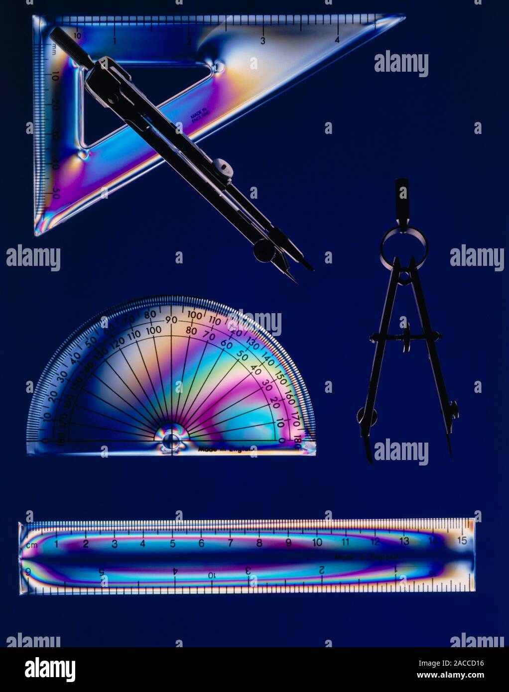 Assortment of geometry instruments; two pairs of compasses (used for