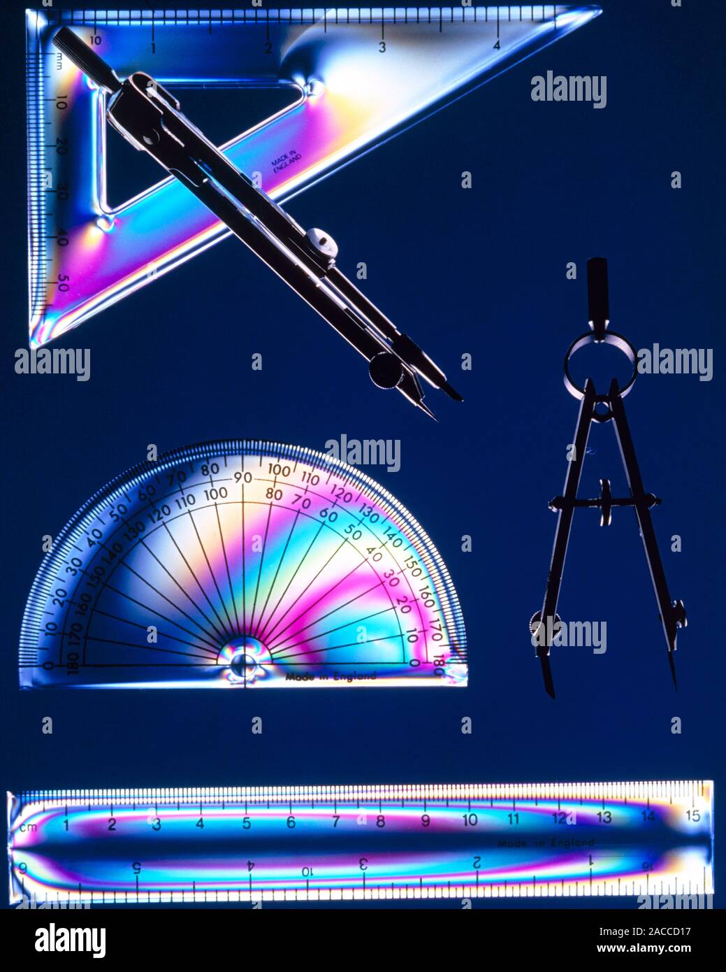 Assortment of geometry instruments; two pairs of compasses (used for