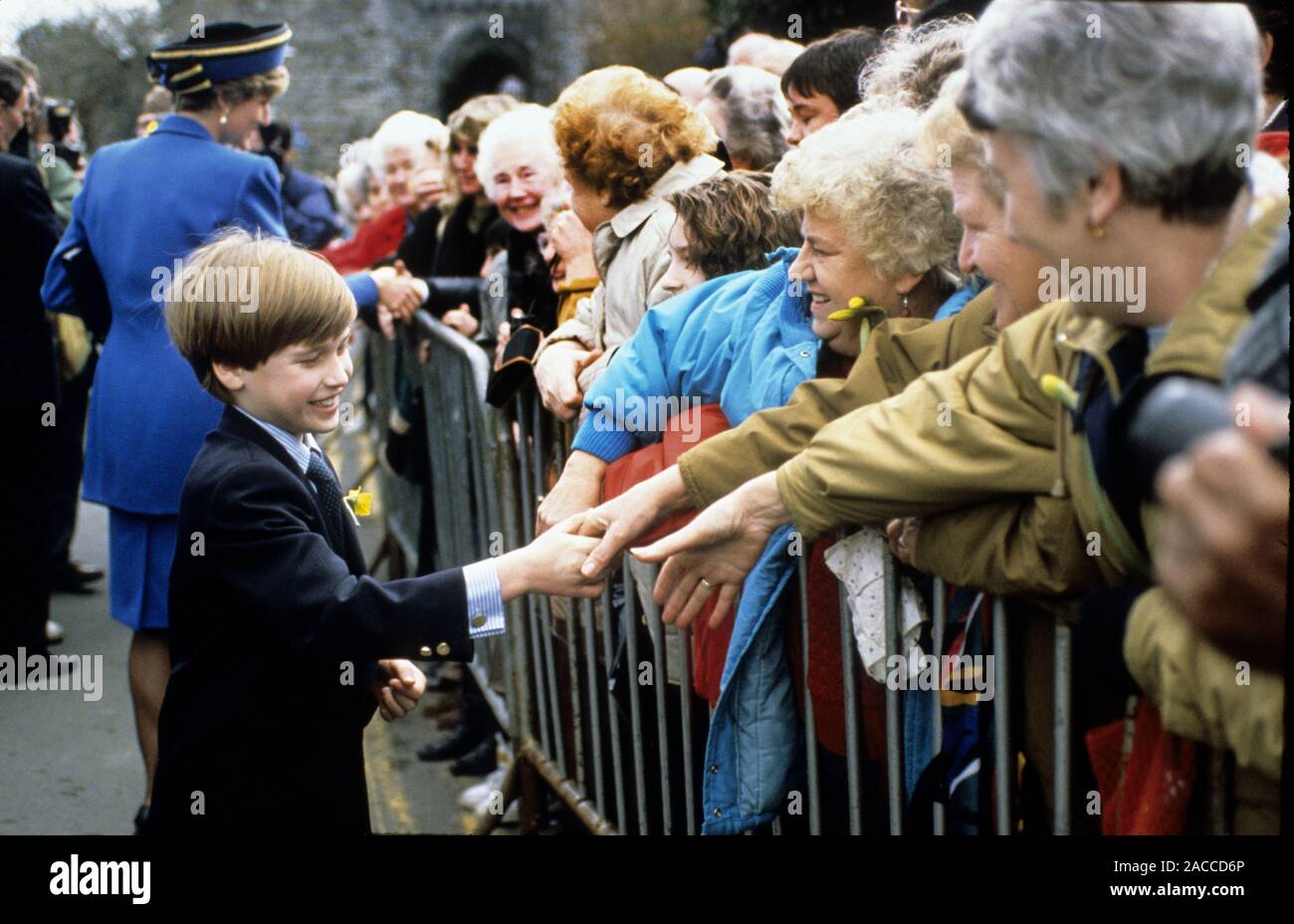 HRH Diana, Princess of Wales proudly watches HRH Prince William greet the crowds during his first official visit to Wales on St. David's Day, Cardiff, Stock Photo