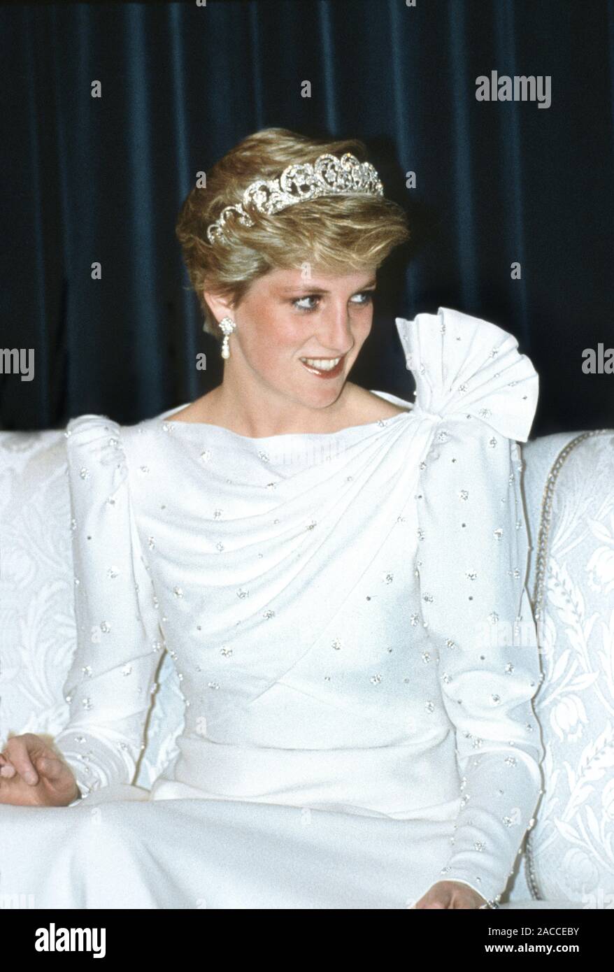 HRH Princess Diana during a Royal Tour of Bahrain November 1986. Dress design by Elizabeth and David Emanuel. Stock Photo