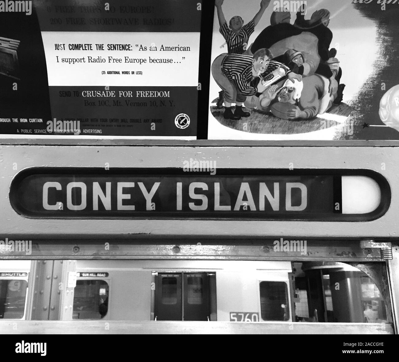 New York City Subway sign for Coney Island via bridge or tunnel circa 1970. NYC has the largest rapid transport system in the World with 472 stations Stock Photo