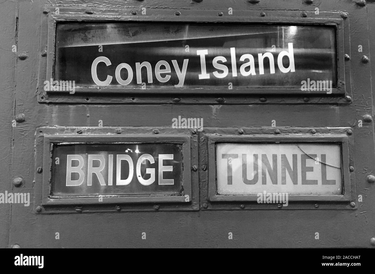 New York City Subway sign for Coney Island via bridge or tunnel circa 1970. NYC has the largest rapid transport system in the World with 472 stations Stock Photo